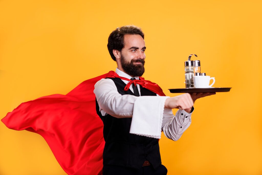 Restaurant butler with fantasy cape